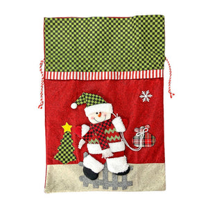Snowman Green & Red Checks Christmas Sack for Christmas Gifts and Home Décor - 
