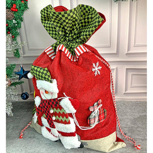 Snowman Green & Red Checks Christmas Sack for Christmas Gifts and Home Décor - 