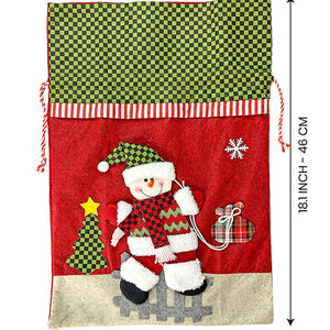 Snowman Green & Red Checks Christmas Sack for Christmas Gifts and Home Décor - 