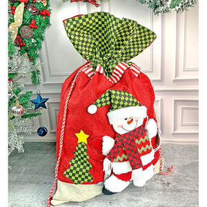 Snowman Green & Red Checks Christmas Sack for Christmas Gifts and Home Décor - 