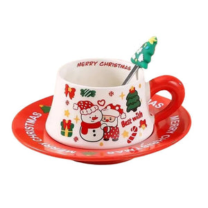 Snowman with Santa Christmas themed Ceramic Cup & Saucer with 3D Christmas Tree Spoon Gift Box Set - Christmas