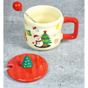 Snowman with Tree ceramic Christmas Coffee and Hot Chocolate Mug with 3d christmas tree Lid and Stainless Spoon. - Christmas