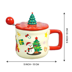 Snowman with Tree ceramic Christmas Coffee and Hot Chocolate Mug with 3d christmas tree Lid and Stainless Spoon. - Christmas