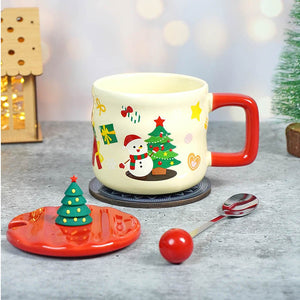 Snowman with Tree ceramic Christmas Coffee and Hot Chocolate Mug with 3d christmas tree Lid and Stainless Spoon. - Christmas