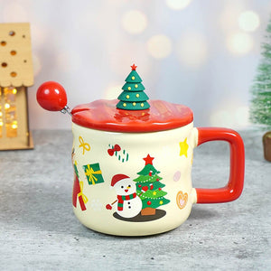 Snowman with Tree ceramic Christmas Coffee and Hot Chocolate Mug with 3d christmas tree Lid and Stainless Spoon. - Christmas