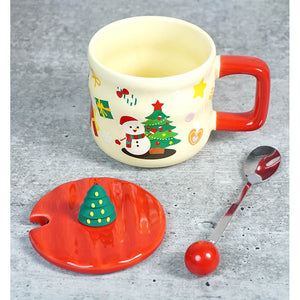 Snowman with Tree ceramic Christmas Coffee and Hot Chocolate Mug with 3d christmas tree Lid and Stainless Spoon. - Christmas
