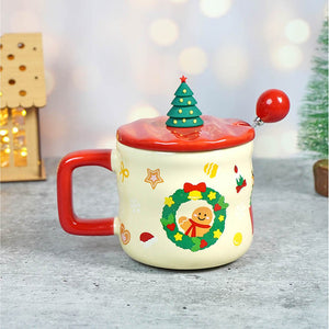 Snowman with Tree ceramic Christmas Coffee and Hot Chocolate Mug with 3d christmas tree Lid and Stainless Spoon. - Christmas