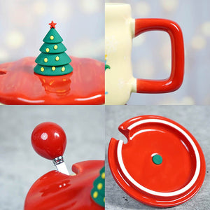 Snowman with Tree ceramic Christmas Coffee and Hot Chocolate Mug with 3d christmas tree Lid and Stainless Spoon. - Christmas