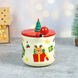 Snowman with Tree ceramic Christmas Coffee and Hot Chocolate Mug with 3d christmas tree Lid and Stainless Spoon. - Christmas