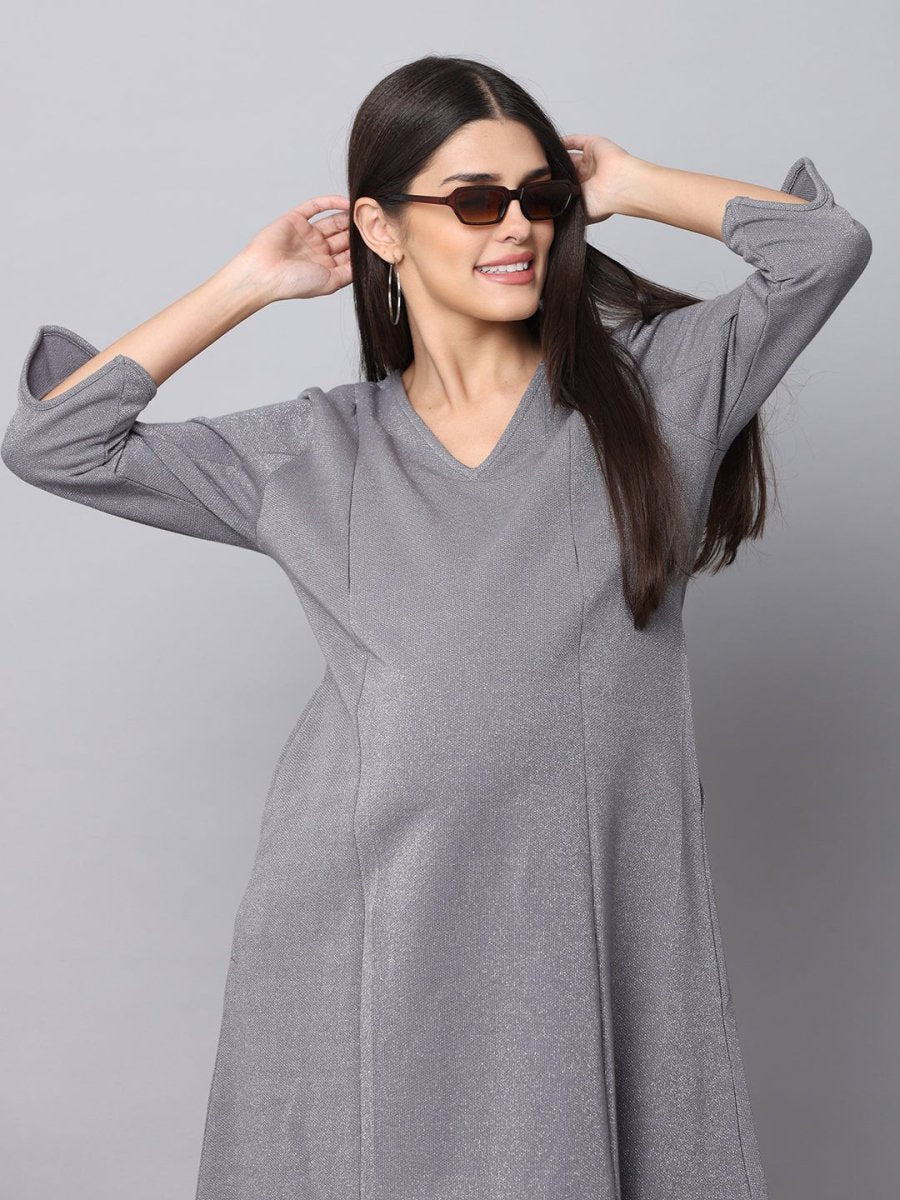 Sparkling Silver Maternity Sweater Dress With Nursing - DRS-SPRSL-M