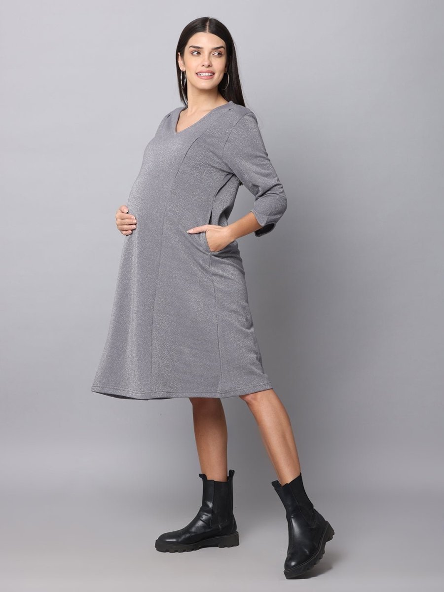Sparkling Silver Maternity Sweater Dress With Nursing - DRS-SPRSL-M