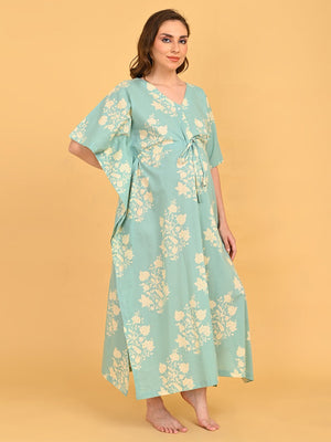 Splash Story Maternity and Nursing Kaftan Nighty relaxed front pose with model smiling, emphasizing comfort and breathable fabric.