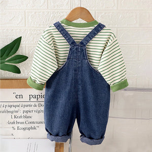 Spongy Lion Dungaree with Green Stripes T-shirt, 2 Pcs Clothing Set For Toddlers And Kids - 1 - 2 Years Kids Clothing