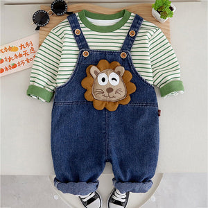 Spongy Lion Dungaree with Green Stripes T-shirt, 2 Pcs Clothing Set For Toddlers And Kids - 1 - 2 Years Kids Clothing