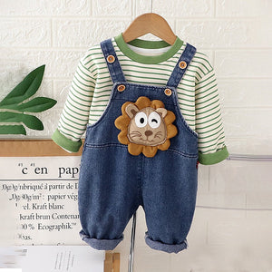 Spongy Lion Dungaree with Green Stripes T-shirt, 2 Pcs Clothing Set For Toddlers And Kids - 1 - 2 Years Kids Clothing