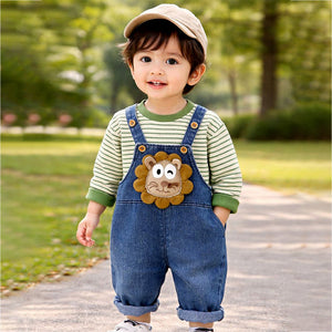 Spongy Lion Dungaree with Green Stripes T-shirt, 2 Pcs Clothing Set For Toddlers And Kids - 1 - 2 Years Kids Clothing