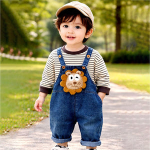 Spongy Lion Dungaree with Grey Stripes T-shirt, 2 Pcs Clothing Set For Toddlers And Kids - 1 - 2 Years Kids Clothing