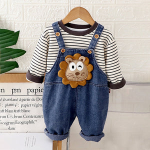 Spongy Lion Dungaree with Grey Stripes T-shirt, 2 Pcs Clothing Set For Toddlers And Kids - 1 - 2 Years Kids Clothing