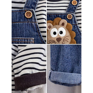 Spongy Lion Dungaree with Grey Stripes T-shirt, 2 Pcs Clothing Set For Toddlers And Kids - 1 - 2 Years Kids Clothing