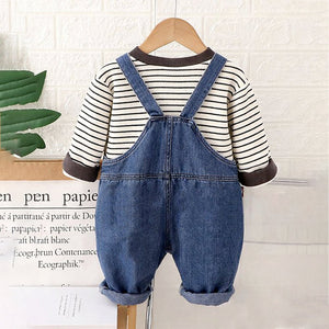Spongy Lion Dungaree with Grey Stripes T-shirt, 2 Pcs Clothing Set For Toddlers And Kids - 1 - 2 Years Kids Clothing