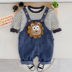 Spongy Lion Dungaree with Grey Stripes T-shirt, 2 Pcs Clothing Set For Toddlers And Kids - 1 - 2 Years Kids Clothing