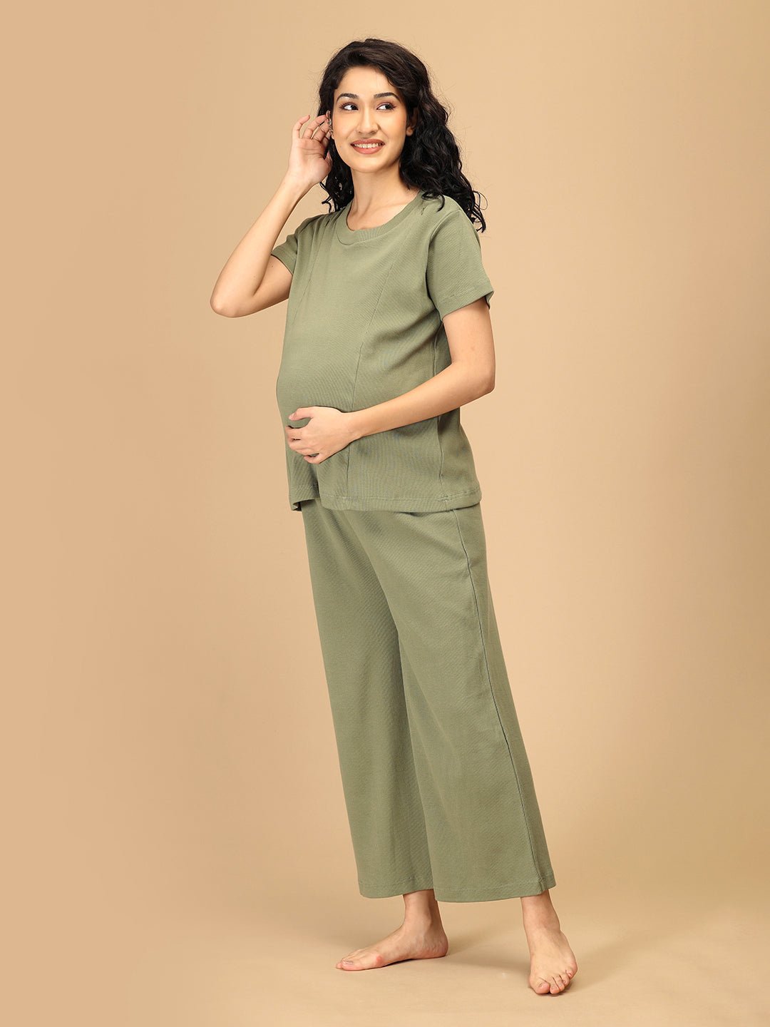Wide-leg sage green maternity lounge pants with adjustable drawstring waistband – Side view