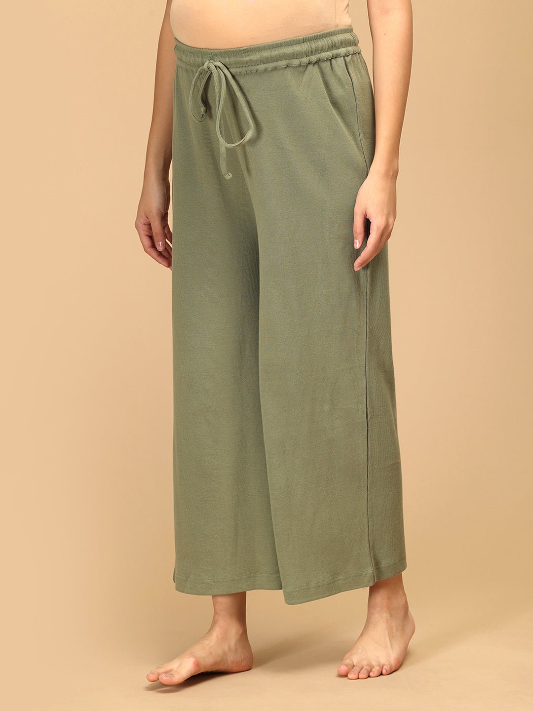 Wide-leg sage green maternity lounge pants with adjustable drawstring waistband – side view