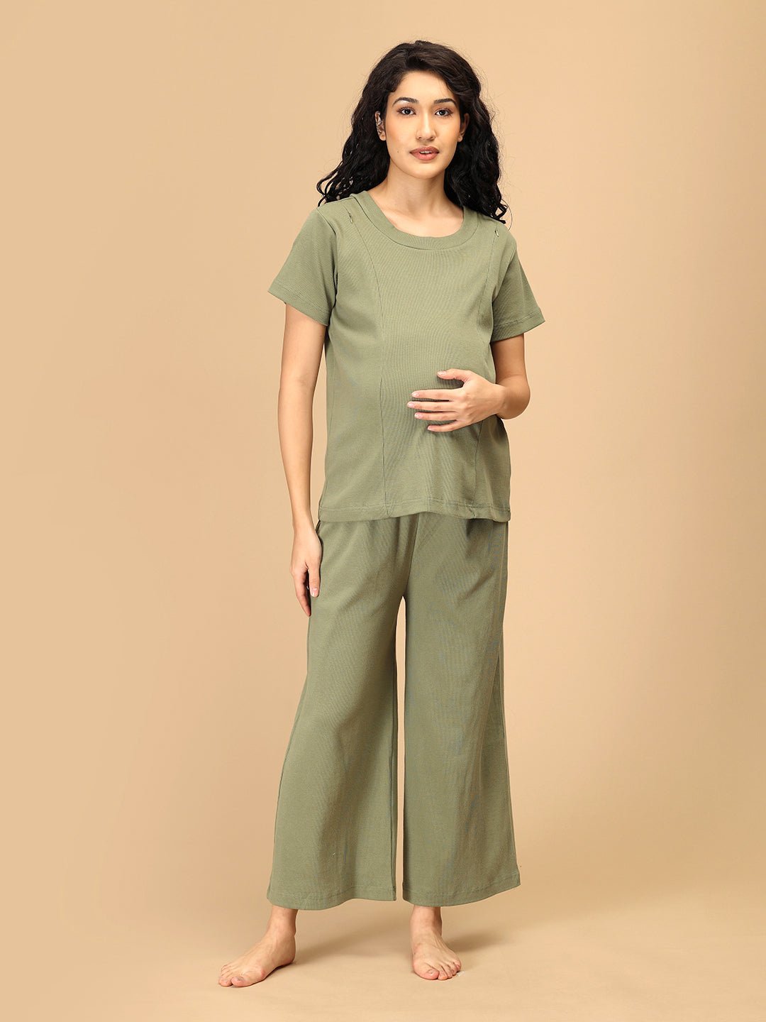 Comfortable maternity and nursing loungewear set in sage green with short-sleeve top and straight pants – front view