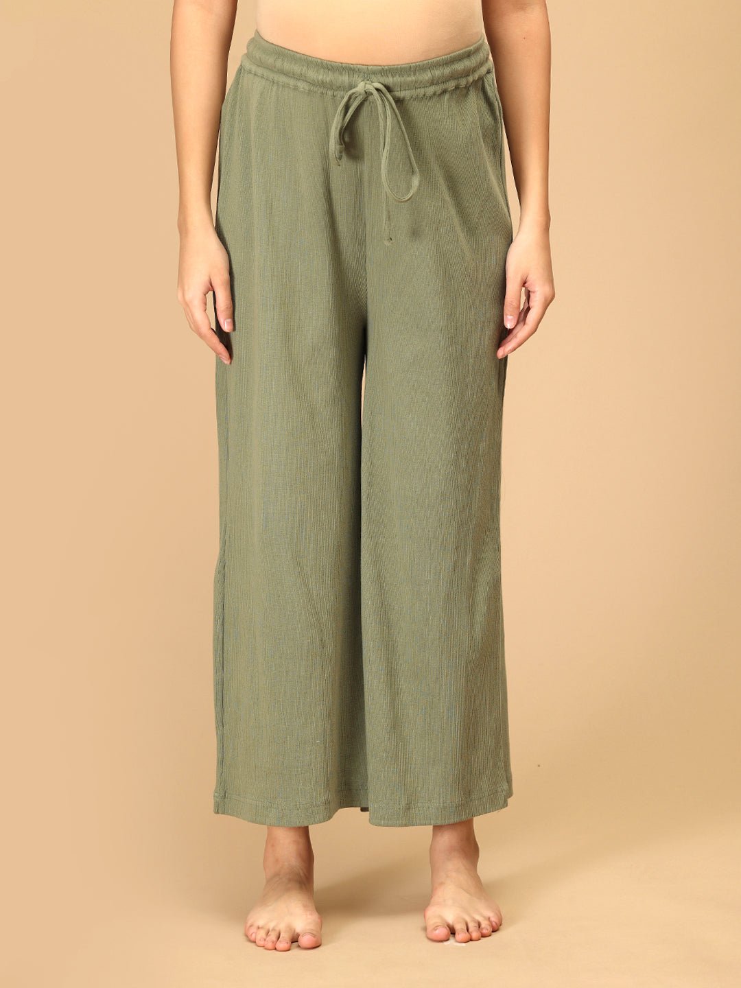 Wide-leg sage green maternity lounge pants with adjustable drawstring waistband – front view”