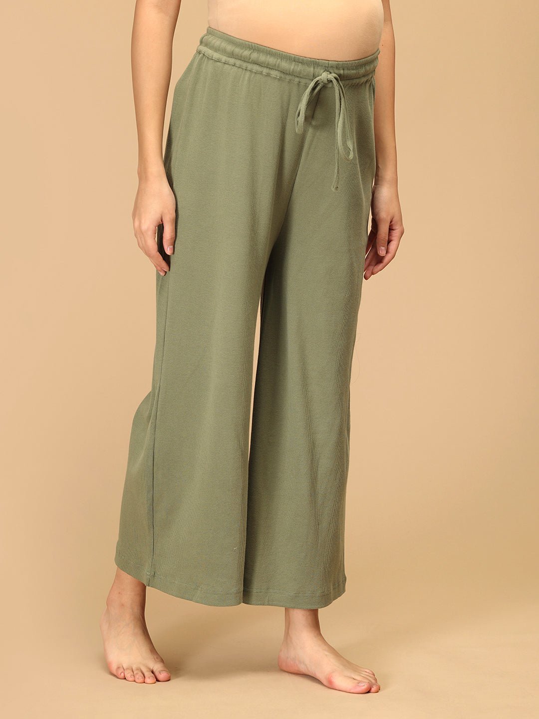 Wide-leg sage green maternity lounge pants with adjustable drawstring waistband – side view