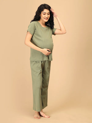 Soft green ribbed maternity sleepwear set with nursing access ‚Äì relaxed front pose