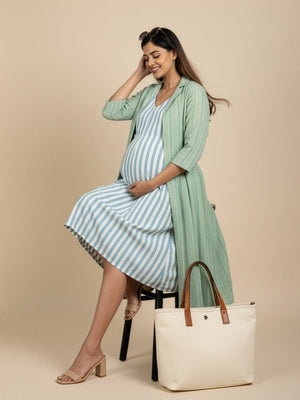 Stripe Duet Maternity and Nursing Shacket Dress - Multi Maternity Casual Dress