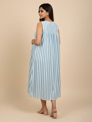 Back view of blue white striped sleeveless nursing maxi dress with V-neckline and soft fabric texture.