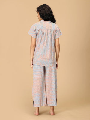 The Mom Store striped maternity nightwear set back view with comfortable top and wide-leg pants