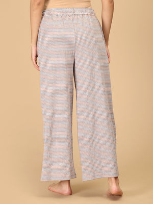 The Mom Store striped maternity lounge pants back view in beige and blue for comfortable nightwear