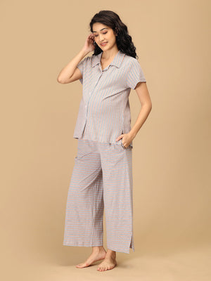 The Mom Store striped maternity and nursing nightwear set front angle for cozy pregnancy sleepwear