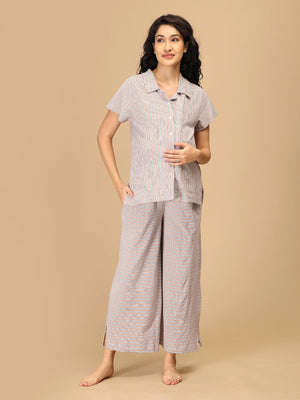 The Mom Store striped maternity nightwear set front view for soft and breathable sleepwear