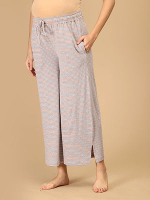 The Mom Store maternity striped lounge pants with pockets and slit hem for breathable comfort