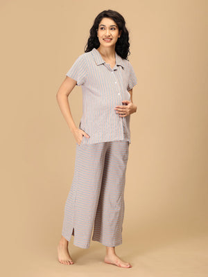 The Mom Store maternity nightwear set with striped button-down top and comfy pants side view