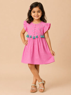 Sugar Pink Girls Embroidered Dress - Pink Kids Casual Wear