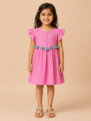 Sugar Pink Girls Embroidered Dress - Pink Kids Casual Wear
