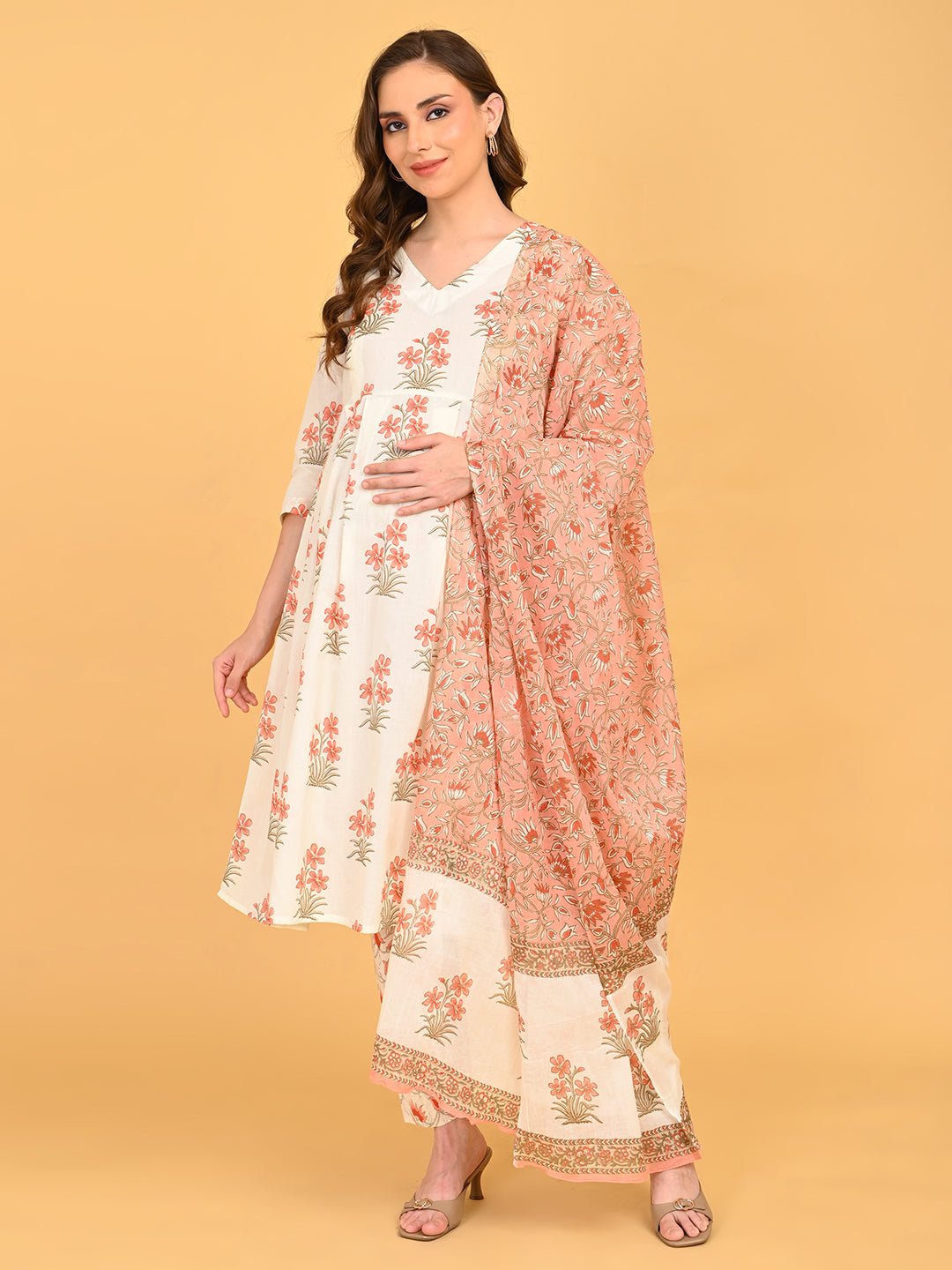 Pregnant model posing in Sukoon Ensemble Maternity and Nursing Kurta Set With Dupatta highlighting bump-friendly A-line silhouette.