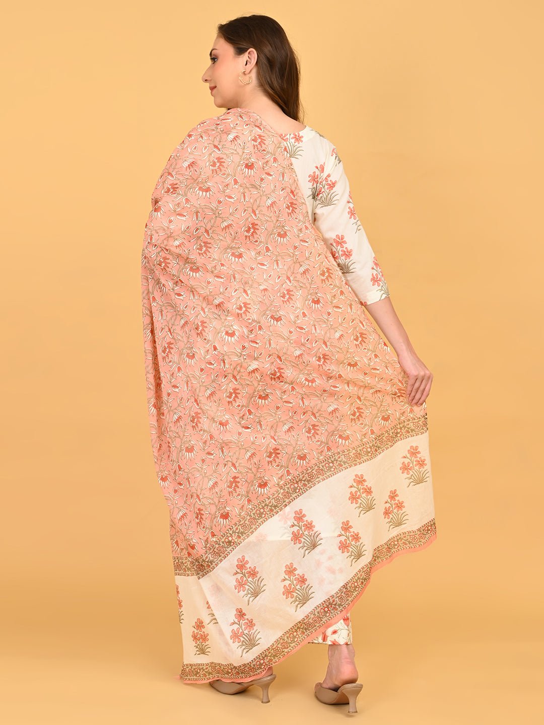 Back view of Sukoon Ensemble Maternity and Nursing Kurta Set With Dupatta featuring cream floral kurta and printed straight-fit pants.