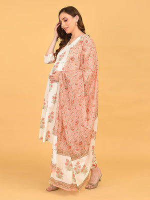 Side view of Sukoon Ensemble Maternity and Nursing Kurta Set With Dupatta highlighting maternity fit and flowing dupatta.