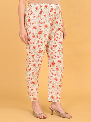 Side view of floral printed straight-fit pants from Sukoon Ensemble Maternity and Nursing Kurta Set With Dupatta.