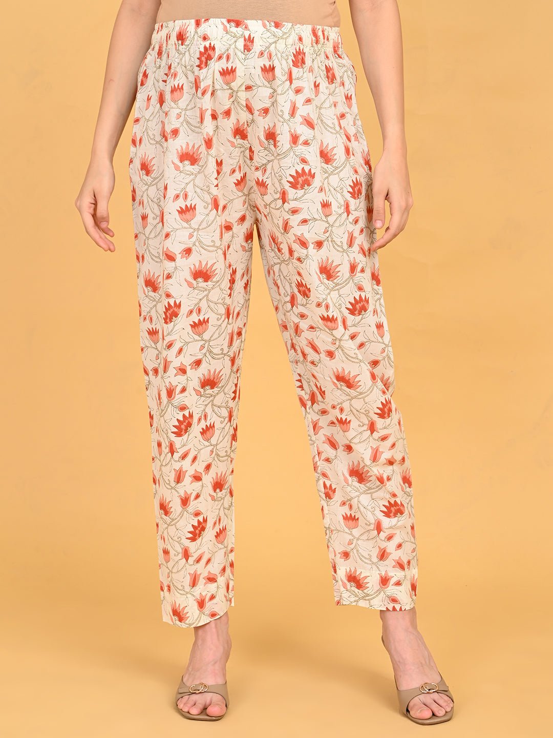 Front view of floral printed straight-fit pants from Sukoon Ensemble Maternity and Nursing Kurta Set With Dupatta.