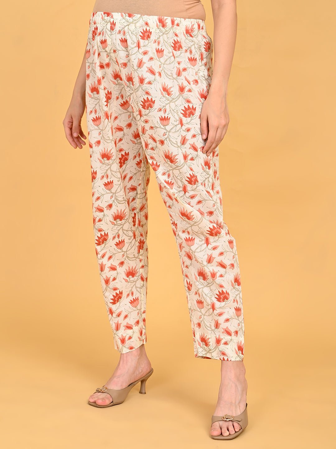Side view of floral printed straight-fit pants from Sukoon Ensemble Maternity and Nursing Kurta Set With Dupatta.
