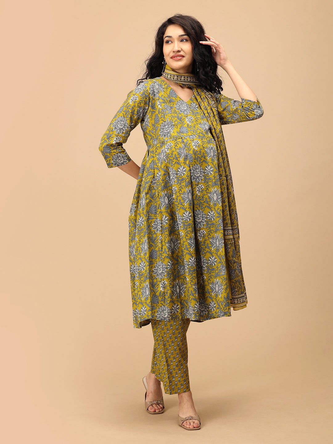 Sunehri Blooms yellow floral maternity and nursing kurta set with dupatta – back view showing overall print and fit.