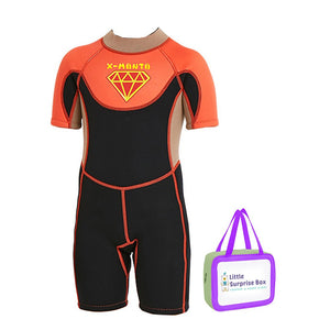 Superhero Brown & Orange 2.5mm Neoprene Knee Length Kids Swimsuit, Half Sleeves Swimwear with Free Washbag - 3 - 4 Years Swim