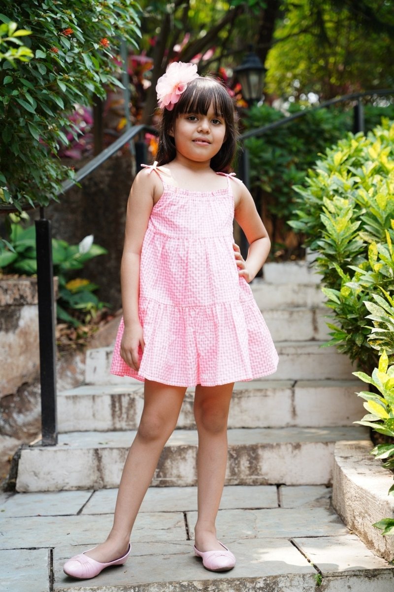 Sweetime by AS Singlet Sleeves Pull Neon Checks Dress - Neon Pink - SLG-DRESS-252-9M-12M